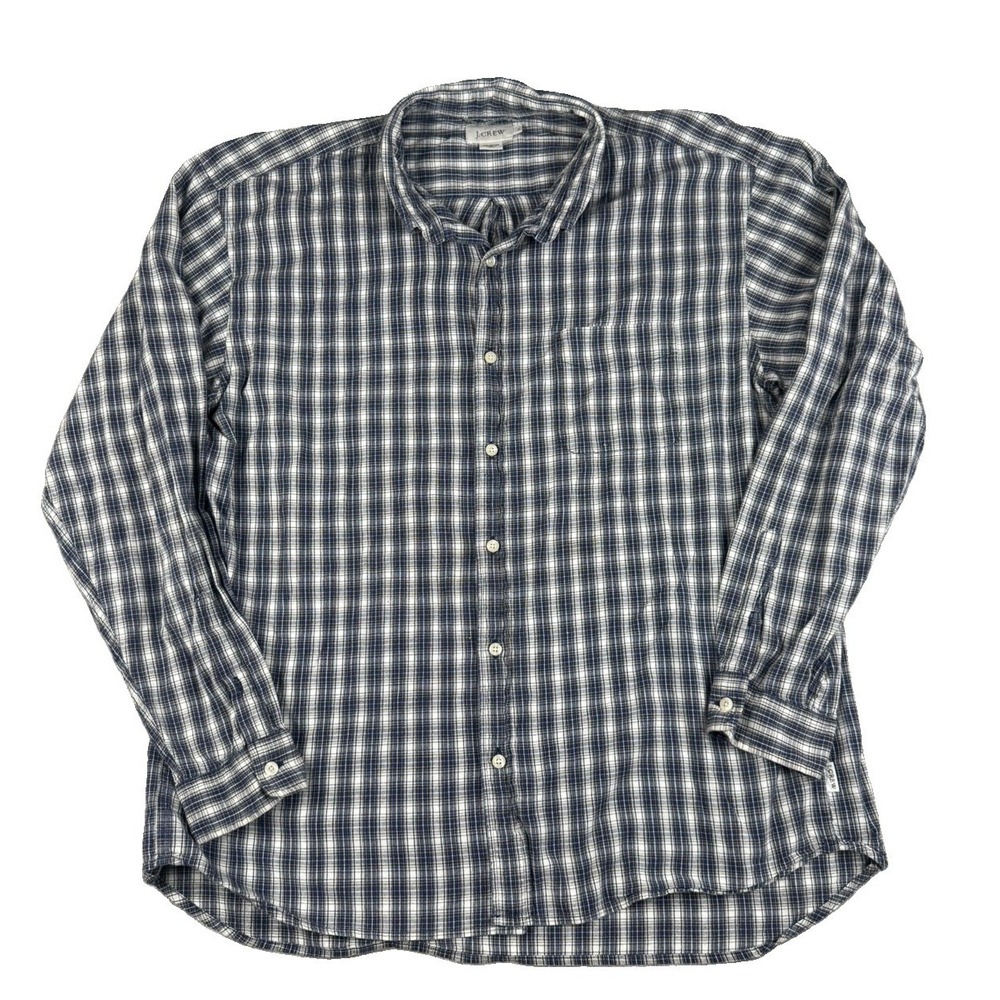 J Crew Mens XL Plaid Shirt Navy White 100% Cotton Long Sleeve Button Down